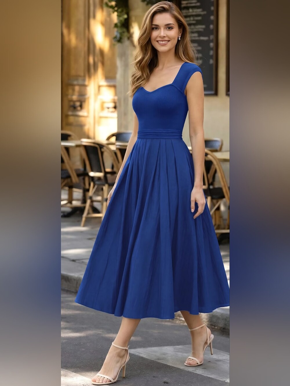 NWT Royal Blue Retro Square Neck Midi Dress Pockets M